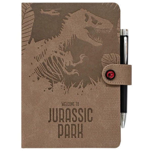 Carnet premium A5 Jurassic Park vue de face avec couverture effet peau de dinosaure et stylo.
