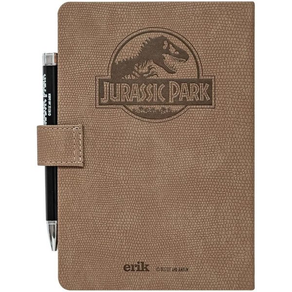 Dos du carnet premium A5 Jurassic Park avec illustration de squelette de dinosaure et stylo.