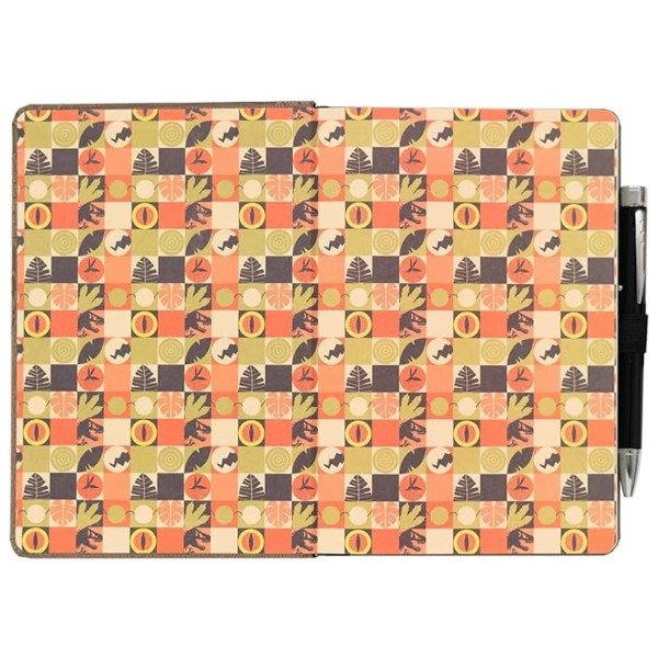 Intérieur du carnet premium A5 Jurassic Park avec motif coloré et emplacement pour stylo.