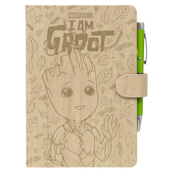 Carnet premium A5 Marvel Groot avec stylo projecteur, couverture beige I Am Groot effet bois.