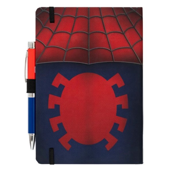 Dos du carnet premium A5 Marvel Spider-Man avec motif araignee rouge et stylo projecteur inclus.