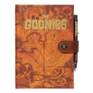 Face avant du carnet premium A5 Les Goonies carte au trésor avec stylo projecteur assorti.