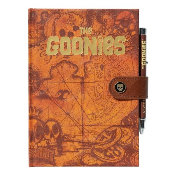 Face avant du carnet premium A5 Les Goonies carte au trésor avec stylo projecteur assorti.