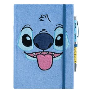 Carnet premium A5 en peluche Disney Stitch Tropical avec visage brodé de Stitch sur la couverture.