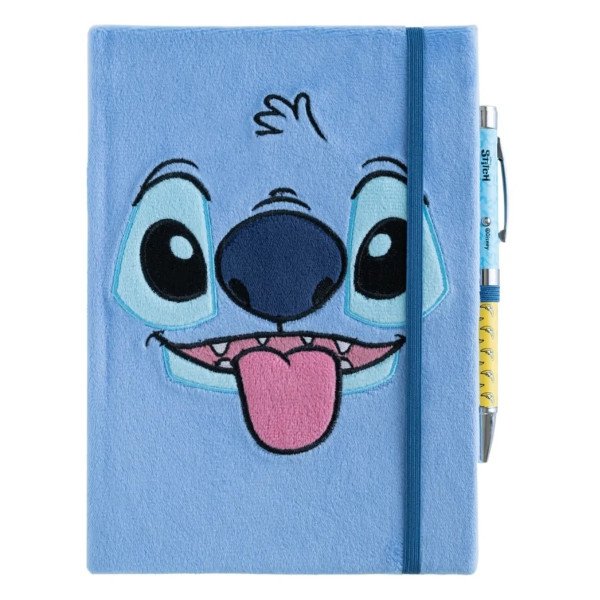 Carnet premium A5 en peluche Disney Stitch Tropical avec visage brodé de Stitch sur la couverture.