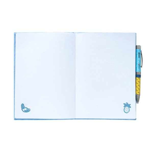 Pages intérieures du carnet premium A5 Disney Stitch Tropical avec stylo projecteur et motifs en bas de page.
