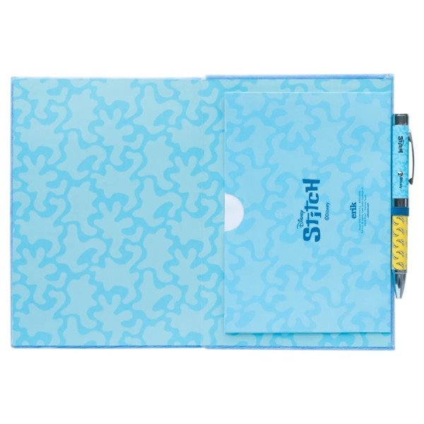 Vue intérieure du carnet premium A5 Disney Stitch Tropical avec pochette de rangement et stylo projecteur.