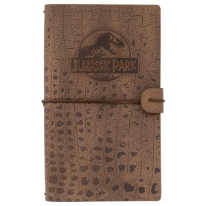 Carnet de voyage Jurassic Park avec logo officiel embossé sur couverture effet reptile, vue de face.