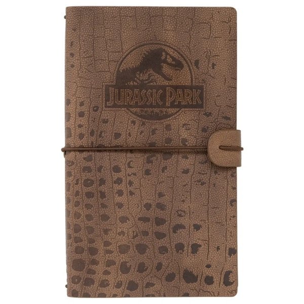 Carnet de voyage Jurassic Park avec logo officiel embossé sur couverture effet reptile, vue de face.