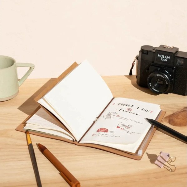 Carnet de voyage Jurassic Park ouvert sur un bureau avec pages blanches et mise en scène lifestyle.