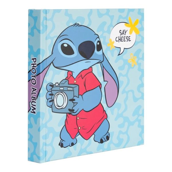 Album photo Disney Stitch Tropical 16x16 cm avec couverture illustrée de Stitch en chemise rouge et inscription Say Cheese