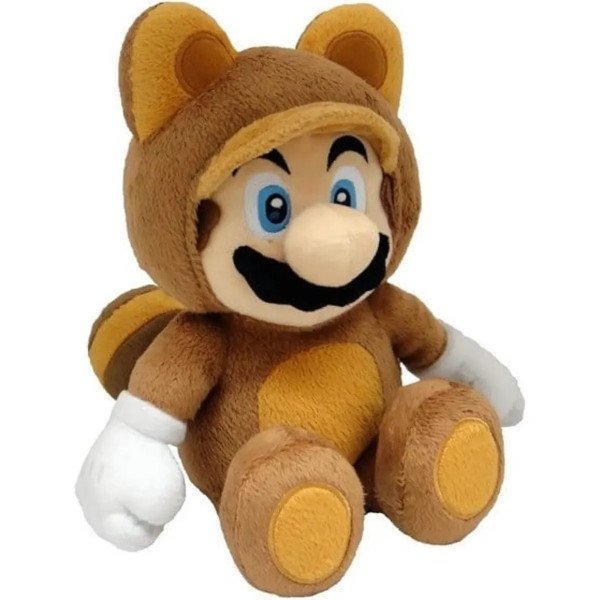 Peluche Super Mario Tanooki Mario 22 cm assise avec costume marron, oreilles de tanuki, queue rayée et gants blancs