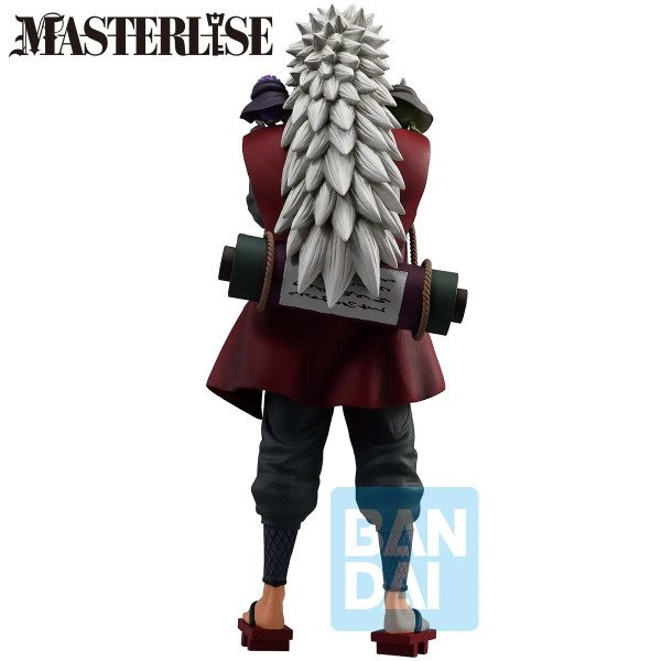 Vue arrière figurine Jiraiya montrant la chevelure volumineuse et le parchemin détaillé