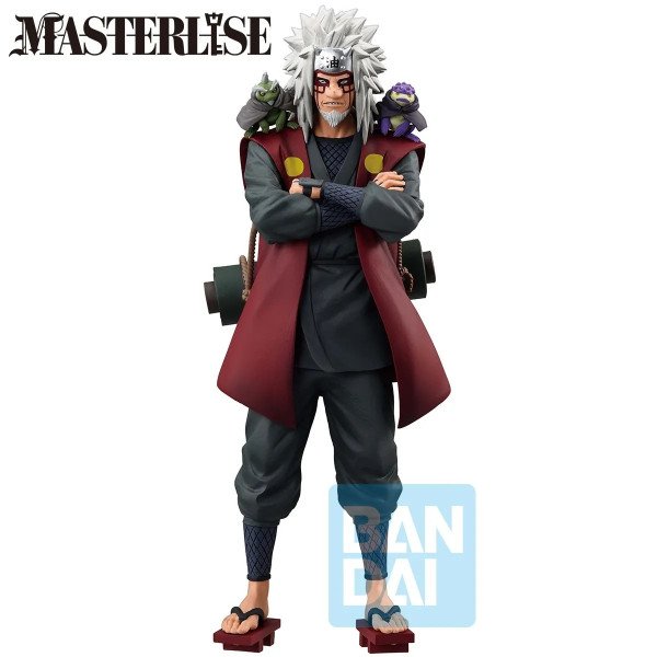 Figurine Jiraiya en vue frontale mettant en avant les détails du visage et des grenouilles invoquées