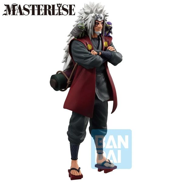 Vue trois quarts figurine Jiraiya avec manteau rouge et parchemin dans le dos
