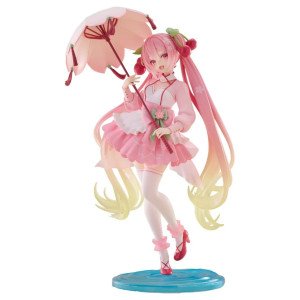 Figurine Sakura Miku AMP tenue rose avec ombrelle japonaise vue de face sur socle bleu