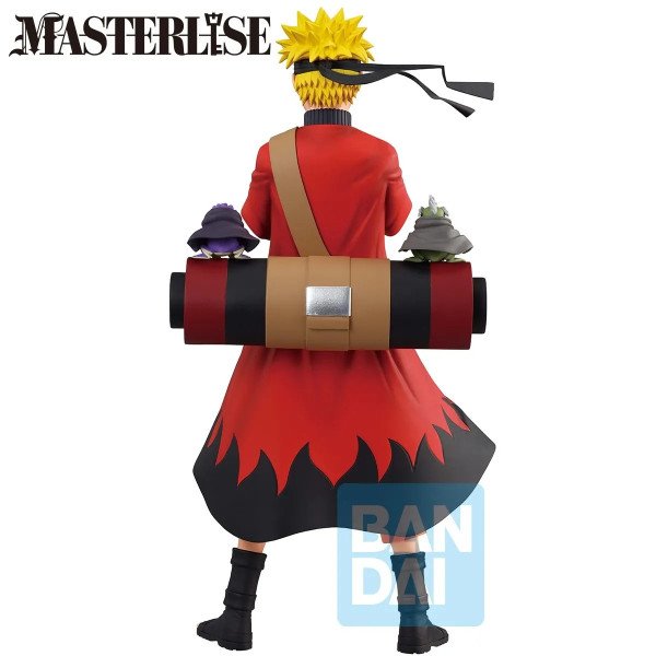 Vue arrière figurine Naruto Uzumaki montrant le rouleau et les deux crapauds sur les épaules