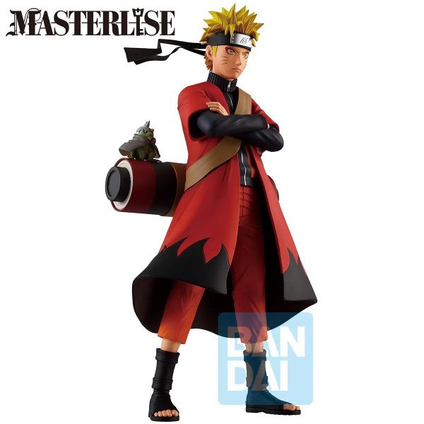 Vue trois quarts figurine Naruto Uzumaki manteau rouge avec rouleau dans le dos et pose bras croisés