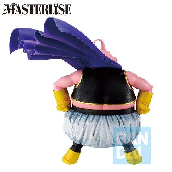 Figurine Majin Buu de Dragon Ball Z vue de dos avec cape violette sculptée et veste noire bordée de doré