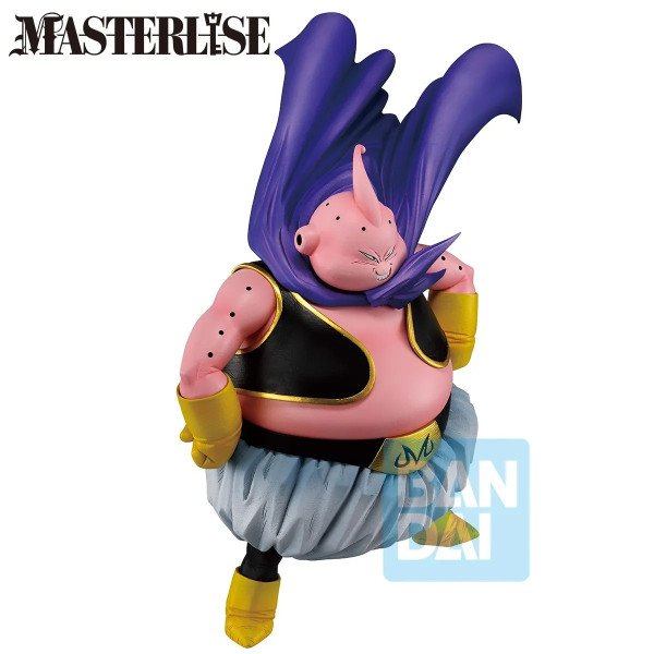 Figurine Majin Buu Battle of the Super Saiyan en vue trois quarts gauche avec gants jaunes et pantalon bouffant gris