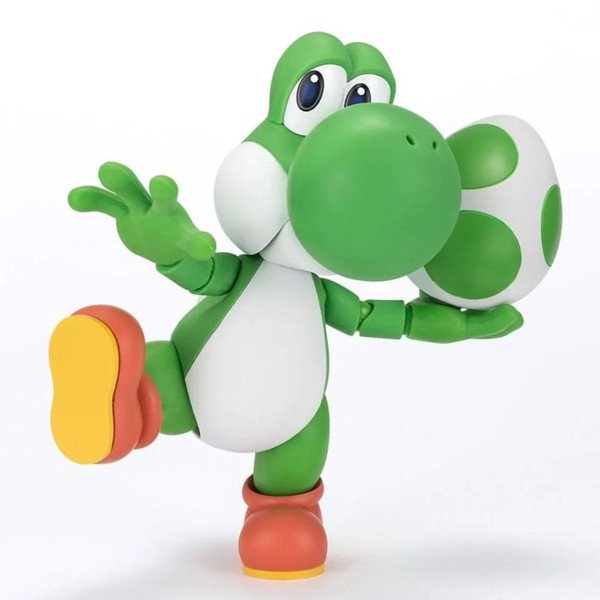 Figurine Yoshi S.H. Figuarts de Super Mario en équilibre sur une jambe avec un œuf vert dans la main