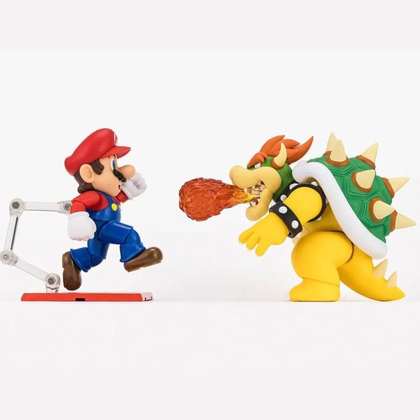 Figurine S.H. Figuarts Bowser de Super Mario en face-à-face avec Mario et effet flamme