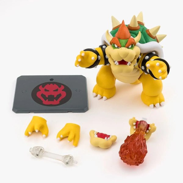Accessoires de la figurine S.H. Figuarts Bowser de Super Mario avec base, mains interchangeables et effet flamme