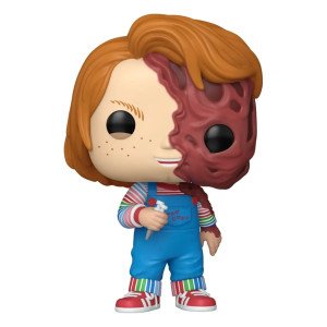 Figurine Funko POP Chucky Melted Face vue de face avec visage fondu, couteau et tenue Good Guys
