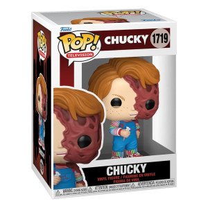 Figurine Funko POP Chucky Melted Face vue de face avec visage fondu, couteau et tenue Good Guys 2