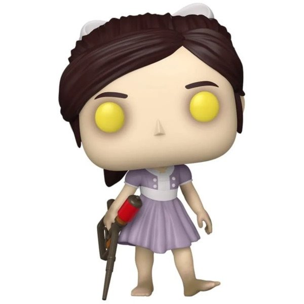 Figurine Funko POP Little Sister de Bioshock avec seringue rouge, robe violette et yeux jaunes en vue de face
