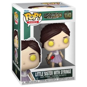 Figurine Funko POP Little Sister de Bioshock avec seringue rouge, robe violette et yeux jaunes en vue de face 2