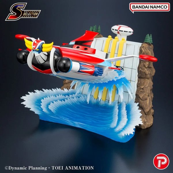Grendizer Scene Selection 02 en vue trois-quarts avant, avec base, rochers et vagues bleues