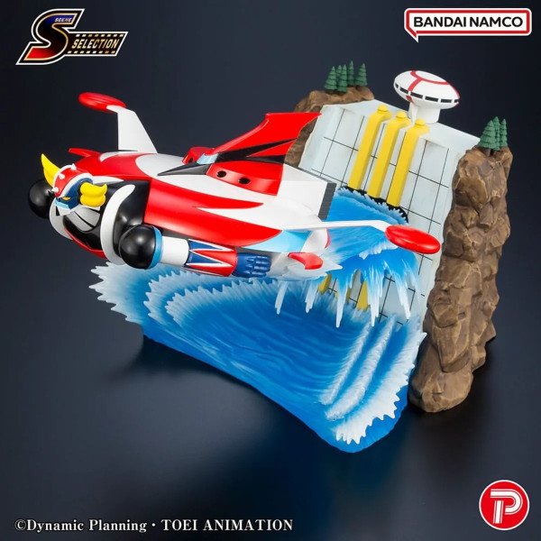 Statuette Grendizer Scene Selection 02 en vol de profil, avec décor de barrage et rochers