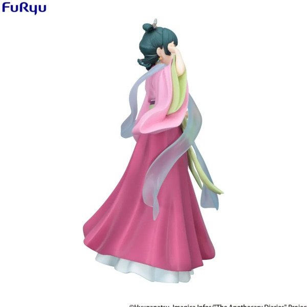 Vue de profil de Maomao Trio-Try-iT, avec robe rose, manches pastel et coiffure verte