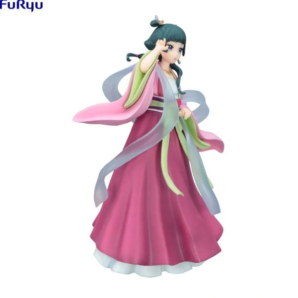 Figurine Maomao en vue trois quarts, robe rose ample et rubans pastel sur fond blanc