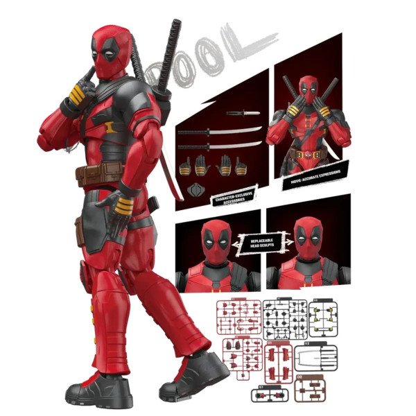 Contenu du model kit Deadpool Blokees Champion Class 04 avec têtes interchangeables, mains et katanas