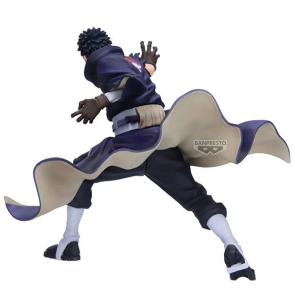 Figurine Obito Uchiha Vibration Stars Banpresto vue de dos, manteau violet déployé sur fond blanc