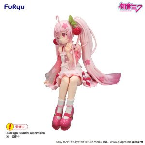 Figurine Sakura Miku 2025 Wink Ver. Noodle Stopper FuRyu assise, clin d’œil, couettes roses et cerises 2