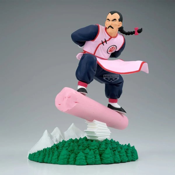 Figurine Tao Pai Pai History Box de Dragon Ball par Banpresto sur fond blanc avec décor de forêt et montagne