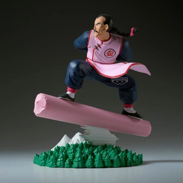 Vue trois quarts de la figurine Tao Pai Pai History Box de Dragon Ball par Banpresto sur son tronc volant rose