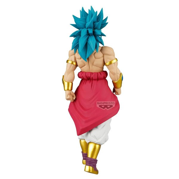 Vue arrière de la figurine Broly Dragon Ball GT Solid Edge Works de Banpresto avec cape rouge, dos sculpté et long cheveux bleue
