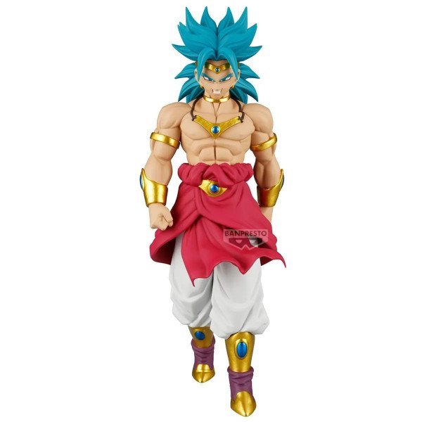 Figurine Broly Dragon Ball GT Solid Edge Works de Banpresto en vue de face, avec cheveux bleus, brassards dorés et tenue rouge