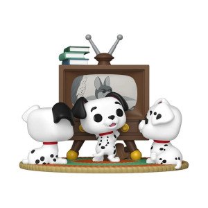 Figurines Funko POP Moment Les 101 Dalmatiens avec Rolly, Patch, Lucky et télévision vintage en scène