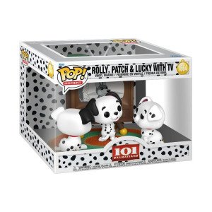 Figurines Funko POP Moment Les 101 Dalmatiens avec Rolly, Patch, Lucky et télévision vintage en scène 2