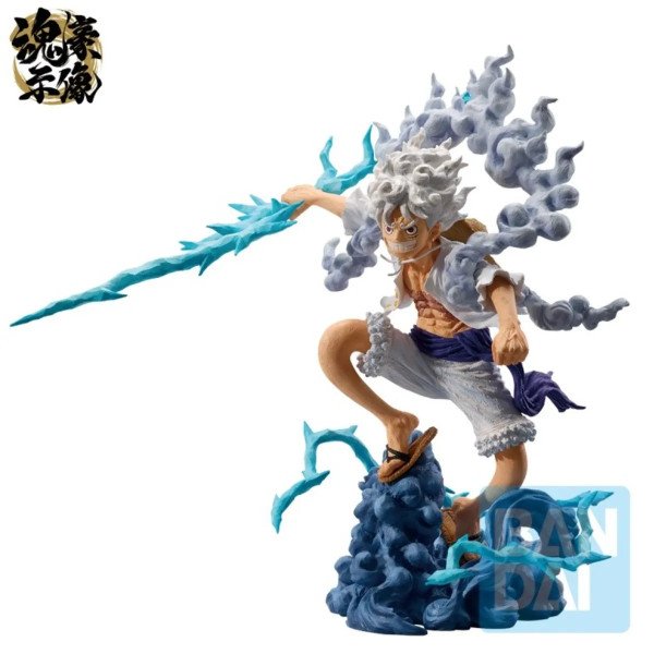 Figurine Luffy Gear 5 Ichibansho EX Devils Vol.3 de One Piece vue de profil droit avec eclairs bleus et socle nuageux
