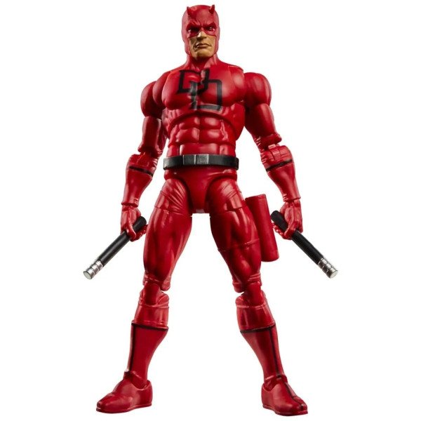 Figurine Daredevil Marvel Legends Secret Wars vue de face en costume rouge avec deux matraques