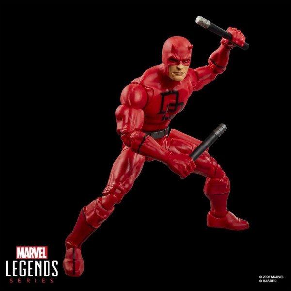Figurine Daredevil Marvel Legends Secret Wars en position de combat avec deux matraques