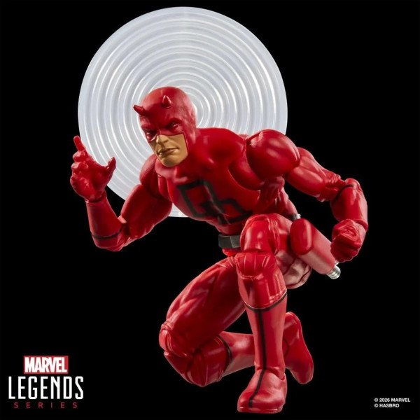 Figurine Daredevil Marvel Legends Secret Wars accroupie avec disque effet radar blanc