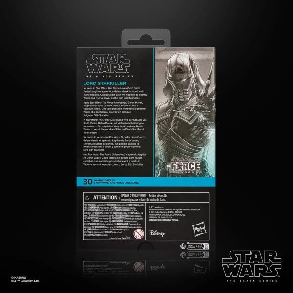 Dos de la boîte Star Wars Black Series Lord Starkiller avec visuel personnage et texte descriptif