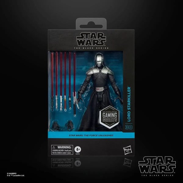 Boîte face de la figurine Star Wars Black Series Lord Starkiller avec accessoires visibles en vitrine